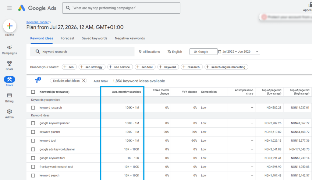 search volume from Google keyword tool planner